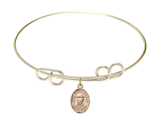 8 inch Round Double Loop Hamilton Gold Bangle Bracelet with a 14kt Gold Filled Saint Damien of Molokai charm. Engraved Catholic Saint Jewelry