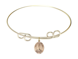 8 inch Round Double Loop Hamilton Gold Bangle Bracelet with a 14kt Gold Filled Our Lady of Kibeho charm. Engraved Catholic Saint Jewelry