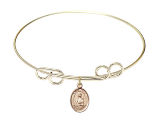 8 inch Round Double Loop Hamilton Gold Bangle Bracelet with a 14kt Gold Filled Saint Lucy charm. Engraved Catholic Saint Jewelry
