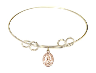 8 inch Round Double Loop Hamilton Gold Bangle Bracelet with a 14kt Gold Filled Saint Andre Bessette charm. Engraved Catholic Saint Jewelry