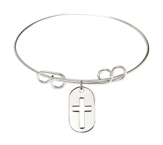 8 inch Round Double Loop Rhodium Bangle Bracelet with a Sterling Silver Cross Dog Tag charm.