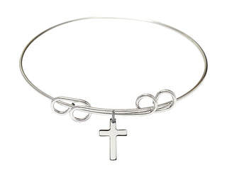 8 inch Round Double Loop Rhodium Bangle Bracelet with a Sterling Silver Cross charm.