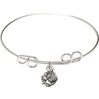 8 inch Round Double Loop Rhodium Bangle Bracelet with a Sterling Silver Rosebud charm.