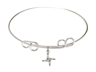 8 inch Round Double Loop Rhodium Bangle Bracelet with a Sterling Silver Saint Brigid Cross charm.