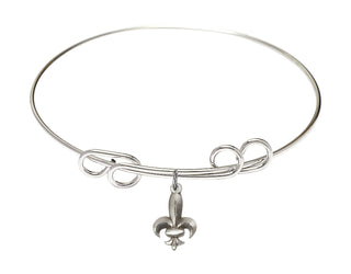 8 inch Round Double Loop Rhodium Bangle Bracelet with a Sterling Silver Fleur de Lis charm.
