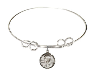 8 inch Round Double Loop Rhodium Bangle Bracelet with a Sterling Silver Scapular charm. Engraved Catholic Saint Jewelry