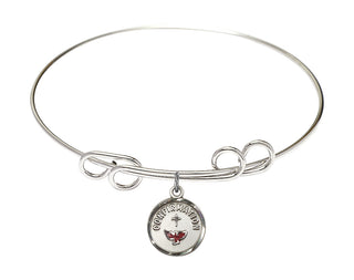 8 inch Round Double Loop Rhodium Bangle Bracelet with a Sterling Silver Confirmation charm. Engraved Catholic Saint Jewelry