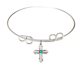 8 inch Round Double Loop Rhodium Bangle Bracelet with a Sterling Silver Cross charm.