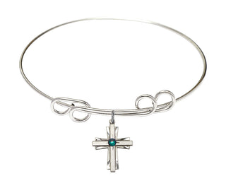 8 inch Round Double Loop Rhodium Bangle Bracelet with a Sterling Silver Cross charm.