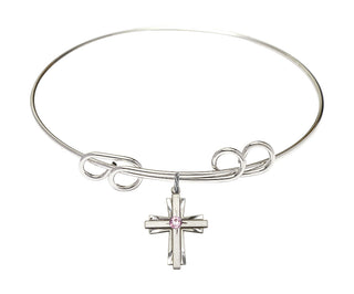 8 inch Round Double Loop Rhodium Bangle Bracelet with a Sterling Silver Cross charm.