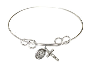 8 inch Round Double Loop Rhodium Bangle Bracelet with a Sterling Silver Miraculous charm.