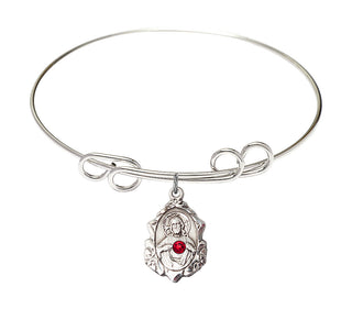 8 inch Round Double Loop Rhodium Bangle Bracelet with a Sterling Silver Scapular charm.