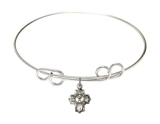 8 inch Round Double Loop Rhodium Bangle Bracelet with a Sterling Silver Communion 5-Way charm.