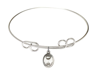 8 inch Round Double Loop Rhodium Bangle Bracelet with a Sterling Silver Holy Communion charm.