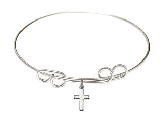 8 inch Round Double Loop Rhodium Bangle Bracelet with a Sterling Silver Cross charm.