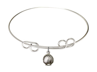 8 inch Round Double Loop Rhodium Bangle Bracelet with a Sterling Silver Shell charm.