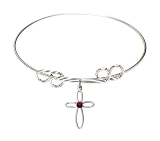 8 inch Round Double Loop Rhodium Bangle Bracelet with a Sterling Silver Loop Cross charm.
