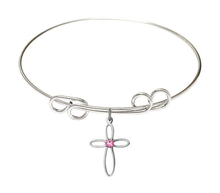 8 inch Round Double Loop Rhodium Bangle Bracelet with a Sterling Silver Loop Cross charm.