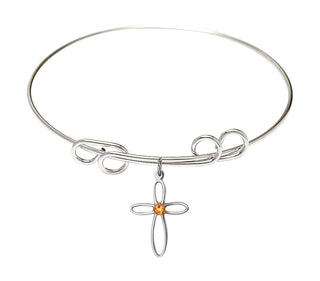 8 inch Round Double Loop Rhodium Bangle Bracelet with a Sterling Silver Loop Cross charm.