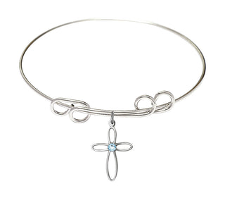 8 inch Round Double Loop Rhodium Bangle Bracelet with a Sterling Silver Loop Cross charm.