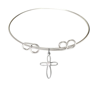 8 inch Round Double Loop Rhodium Bangle Bracelet with a Sterling Silver Loop Cross charm.