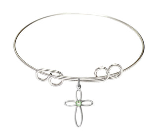 8 inch Round Double Loop Rhodium Bangle Bracelet with a Sterling Silver Loop Cross charm.