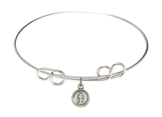 8 inch Round Double Loop Rhodium Bangle Bracelet with a Sterling Silver Miraculous charm.