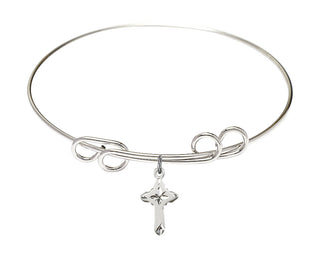 8 inch Round Double Loop Rhodium Bangle Bracelet with a Sterling Silver Cross charm.