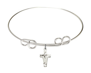 8 inch Round Double Loop Rhodium Bangle Bracelet with a Sterling Silver Cross charm.
