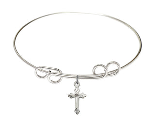 8 inch Round Double Loop Rhodium Bangle Bracelet with a Sterling Silver Cross charm.