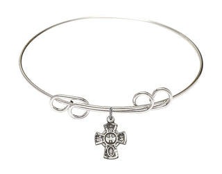 8 inch Round Double Loop Rhodium Bangle Bracelet with a Sterling Silver 5-Way charm.