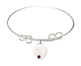 8 inch Round Double Loop Rhodium Bangle Bracelet with a Sterling Silver Heart charm. Engraved Catholic Saint Jewelry