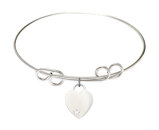 8 inch Round Double Loop Rhodium Bangle Bracelet with a Sterling Silver Heart charm. Engraved Catholic Saint Jewelry