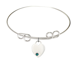 8 inch Round Double Loop Rhodium Bangle Bracelet with a Sterling Silver Heart charm. Engraved Catholic Saint Jewelry