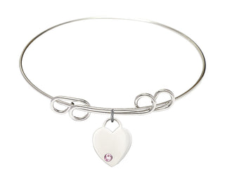 8 inch Round Double Loop Rhodium Bangle Bracelet with a Sterling Silver Heart charm. Engraved Catholic Saint Jewelry