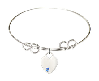 8 inch Round Double Loop Rhodium Bangle Bracelet with a Sterling Silver Heart charm. Engraved Catholic Saint Jewelry