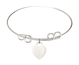 8 inch Round Double Loop Rhodium Bangle Bracelet with a Sterling Silver Heart charm. Engraved Catholic Saint Jewelry
