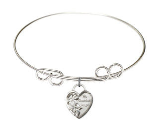 8 inch Round Double Loop Rhodium Bangle Bracelet with a Sterling Silver Guardian Angel Heart charm. Engraved Catholic Saint Jewelry