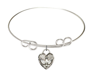 8 inch Round Double Loop Rhodium Bangle Bracelet with a Sterling Silver Confirmation Heart charm. Engraved Catholic Saint Jewelry