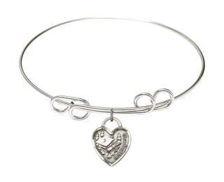 8 inch Round Double Loop Rhodium Bangle Bracelet with a Sterling Silver Graduation Heart charm. Engraved Catholic Saint Jewelry