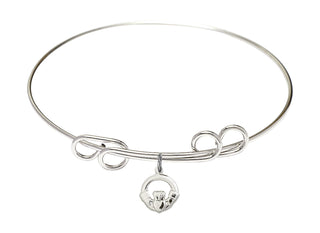8 inch Round Double Loop Rhodium Bangle Bracelet with a Sterling Silver Claddagh charm.