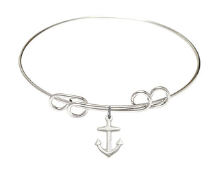 8 inch Round Double Loop Rhodium Bangle Bracelet with a Sterling Silver Anchor charm.