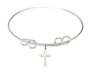 8 inch Round Double Loop Rhodium Bangle Bracelet with a Sterling Silver Cross Charm charm.