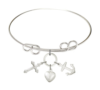 8 inch Round Double Loop Rhodium Bangle Bracelet with a Sterling Silver Anchor charm.