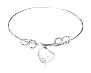 8 inch Round Double Loop Rhodium Bangle Bracelet with a Sterling Silver Heart / Cross charm.