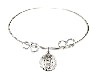 8 inch Round Double Loop Rhodium Bangle Bracelet with a Sterling Silver Our Lady of Guadalupe charm.