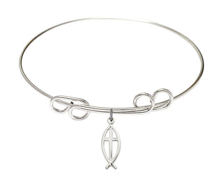 8 inch Round Double Loop Rhodium Bangle Bracelet with a Sterling Silver Fish / Cross charm.