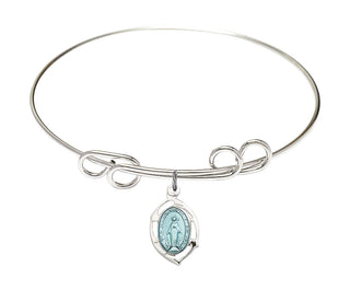 8 inch Round Double Loop Rhodium Bangle Bracelet with a Sterling Silver Miraculous Leaf charm.