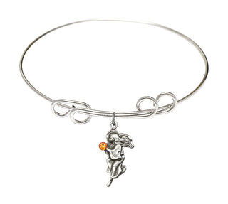 8 inch Round Double Loop Rhodium Bangle Bracelet with a Sterling Silver Guardian Angel charm.