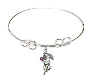 8 inch Round Double Loop Rhodium Bangle Bracelet with a Sterling Silver Guardian Angel charm.